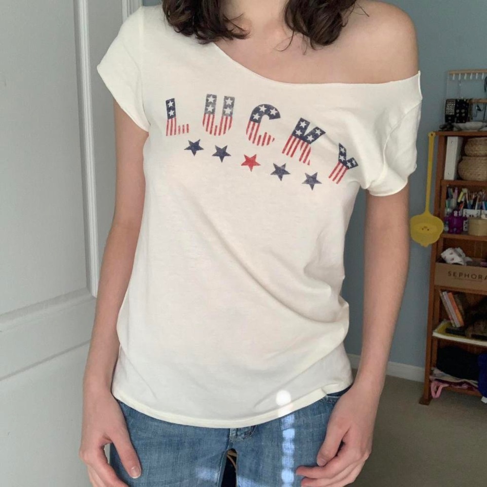 off the shoulder lucky brand top w/ raw hem